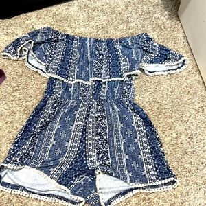 blue and white off the shoulder romper
